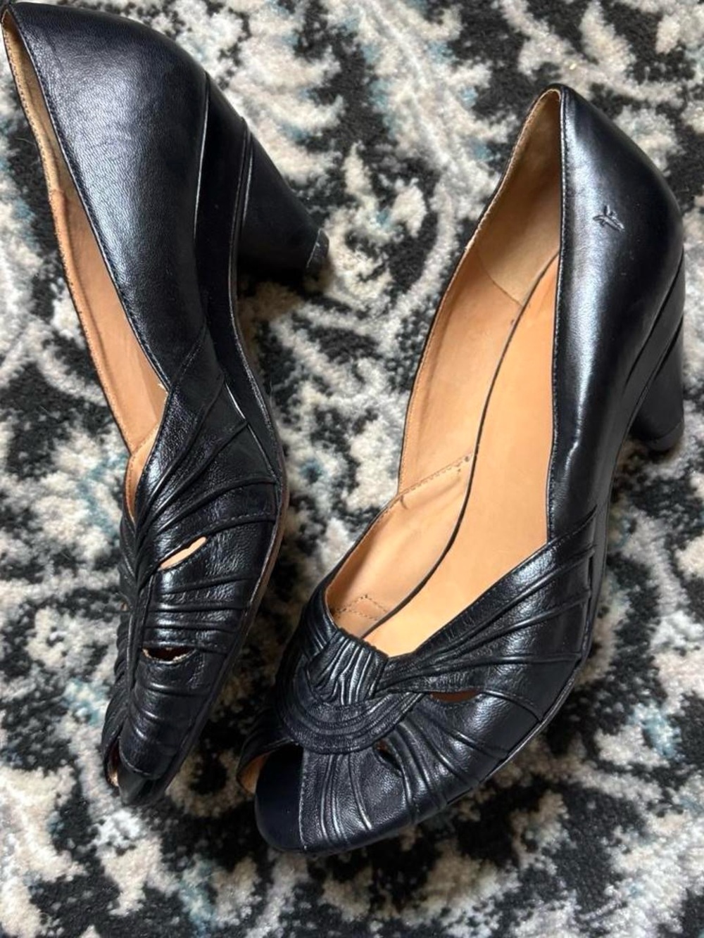 Frye Black Leather Peep-Toe Heels